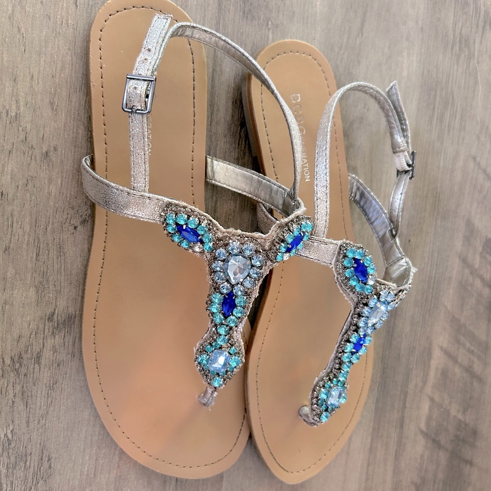 BCBC generation sandals. Size 9, bailey jeweled in blue and silver stones.